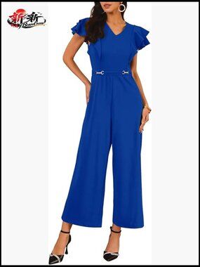 Formal Jumpsuit Ruffled Sleeve High Waist V Neck Wide Leg Pants